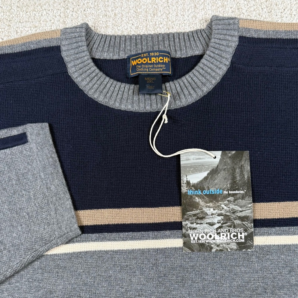 NEW Woolrich Mens 2XL Grey Heather Striped Colorblock Cotton Crewneck Sweater